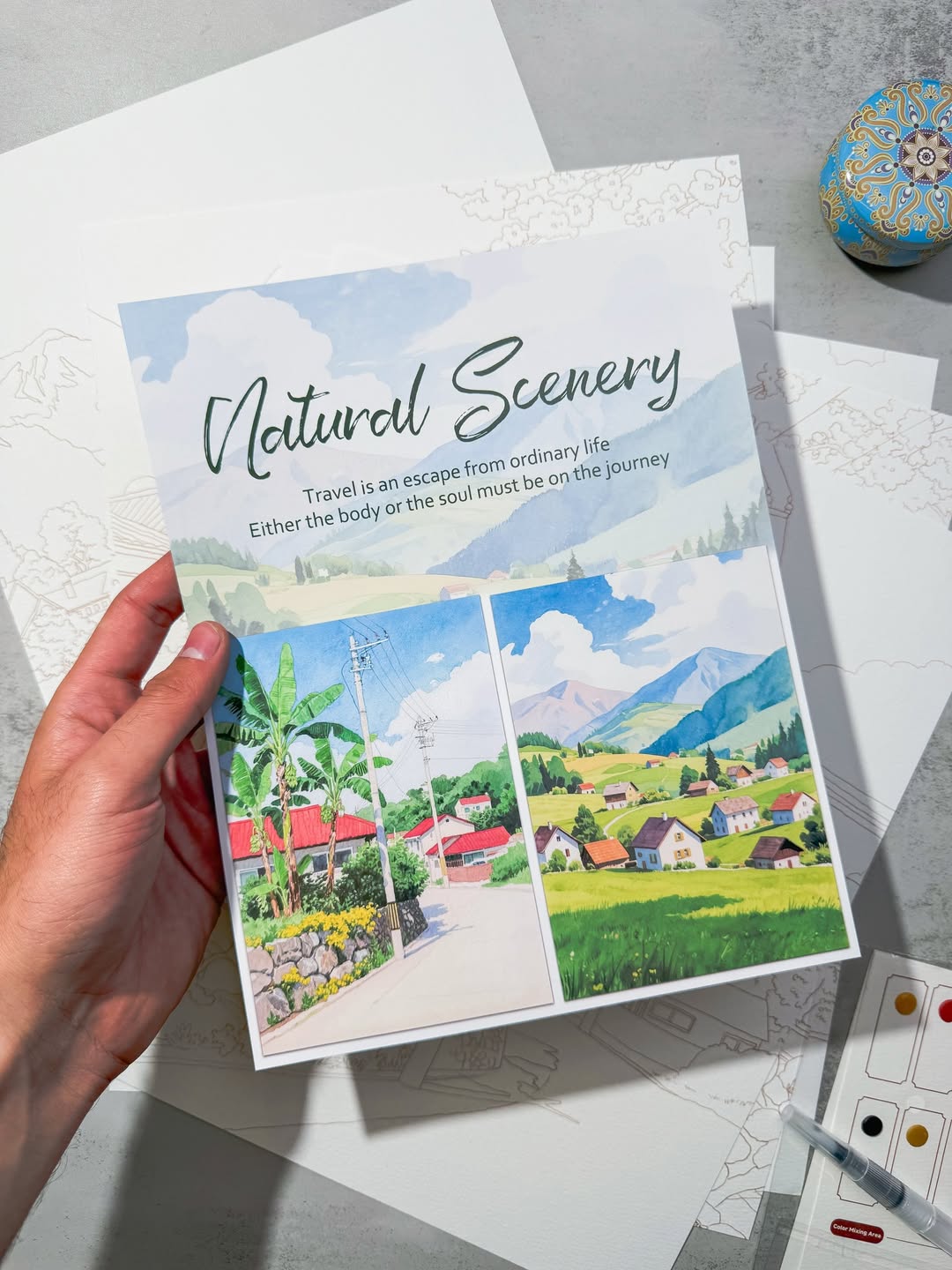 Watercolor painting natural landscape