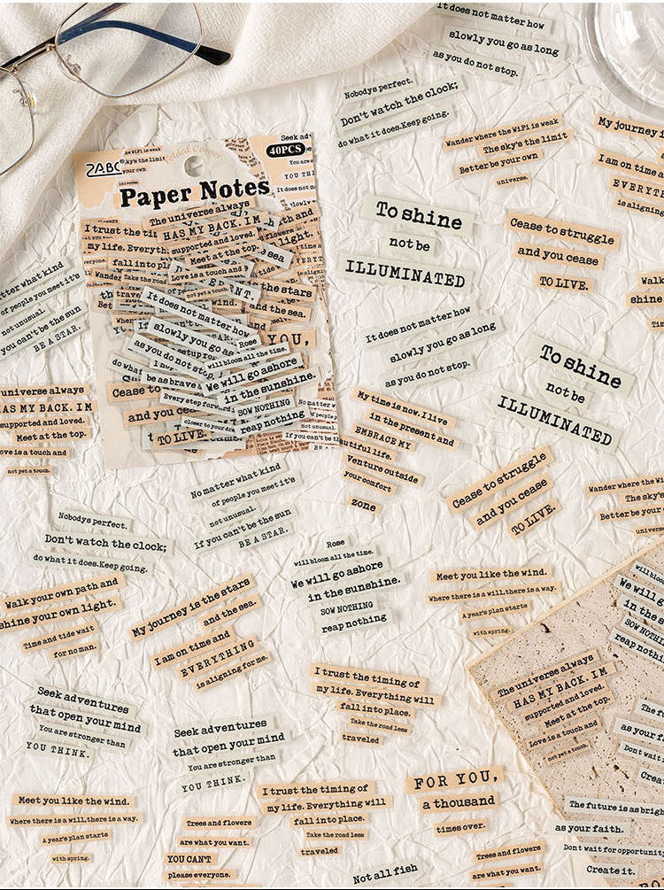 A collage showing two styled flat-lay views of vintage-style paper note sheets scattered on a white textured surface. The top view includes black ink script notes, a pencil, and a pen, while the bottom view shows beige-toned printed note sheets with text like 'Paper Notes' and 'To Whom It May Concern.