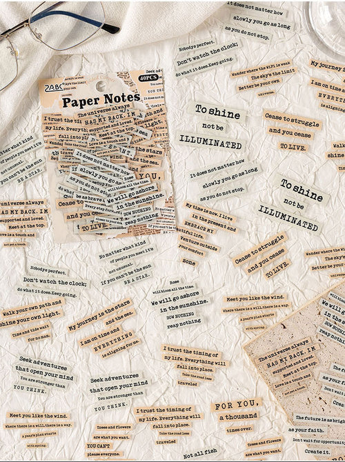 A collage showing two styled flat-lay views of vintage-style paper note sheets scattered on a white textured surface. The top view includes black ink script notes, a pencil, and a pen, while the bottom view shows beige-toned printed note sheets with text like 'Paper Notes' and 'To Whom It May Concern.